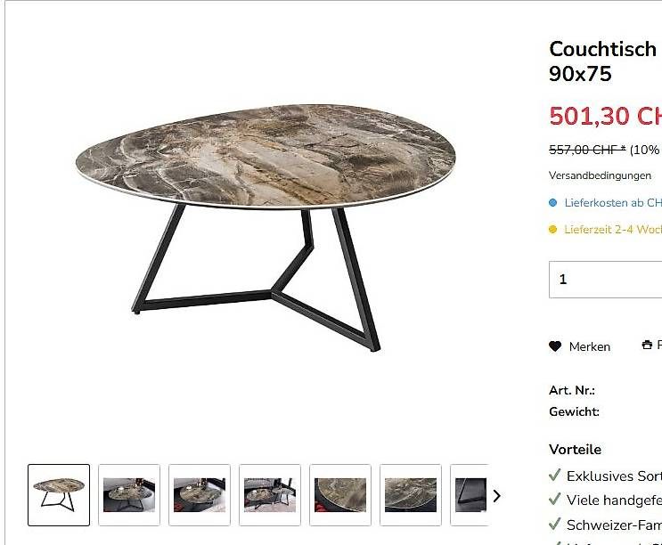 Tavoli: Couchtisch 90cm Keramik Marmor – Nuovo e nell'imballaggio originale da Winterthur venduto da aredo 1
