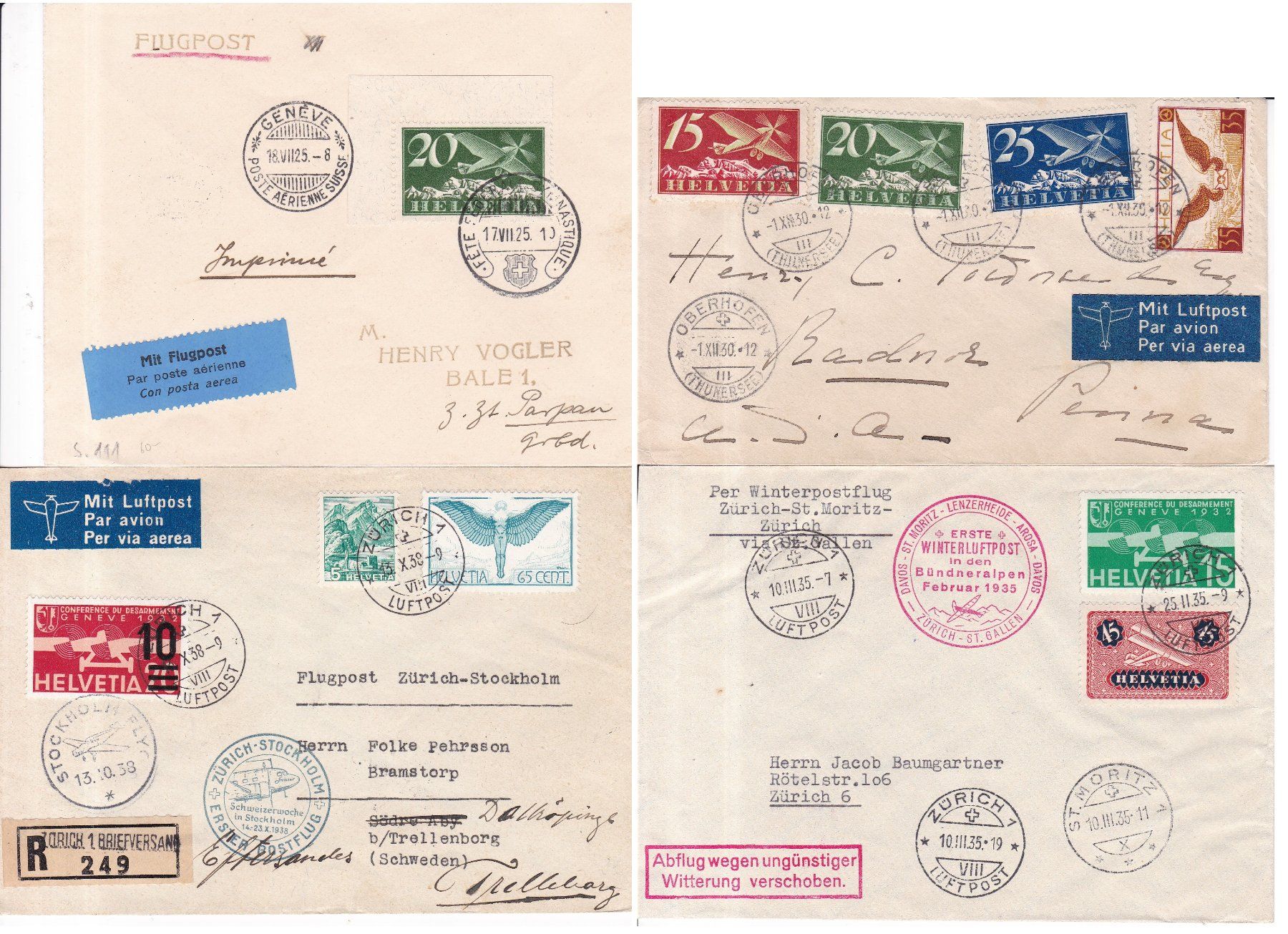 Alle Briefmarken: 4 Stk. CH Flugpost Briefe ab 1925 – Gebraucht aus Münchwilen AG von Nesar