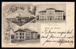AK Kerzers, Schulhaus, Süd- und Nordseite, Kirche