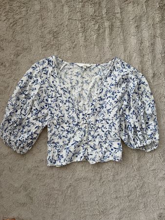 H&M Linen Blend Blouse Blue Floral Print Size XS