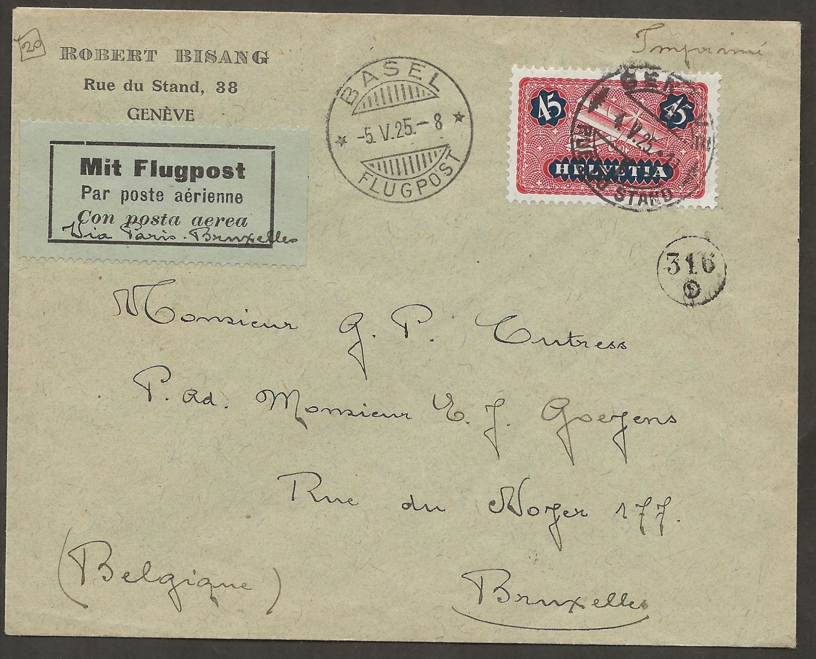 Alle Briefmarken: Flugpost Schweiz 1925 Basel Brüssel ab Genf Luftpost – Gebraucht aus Au ZH von xelagreb01