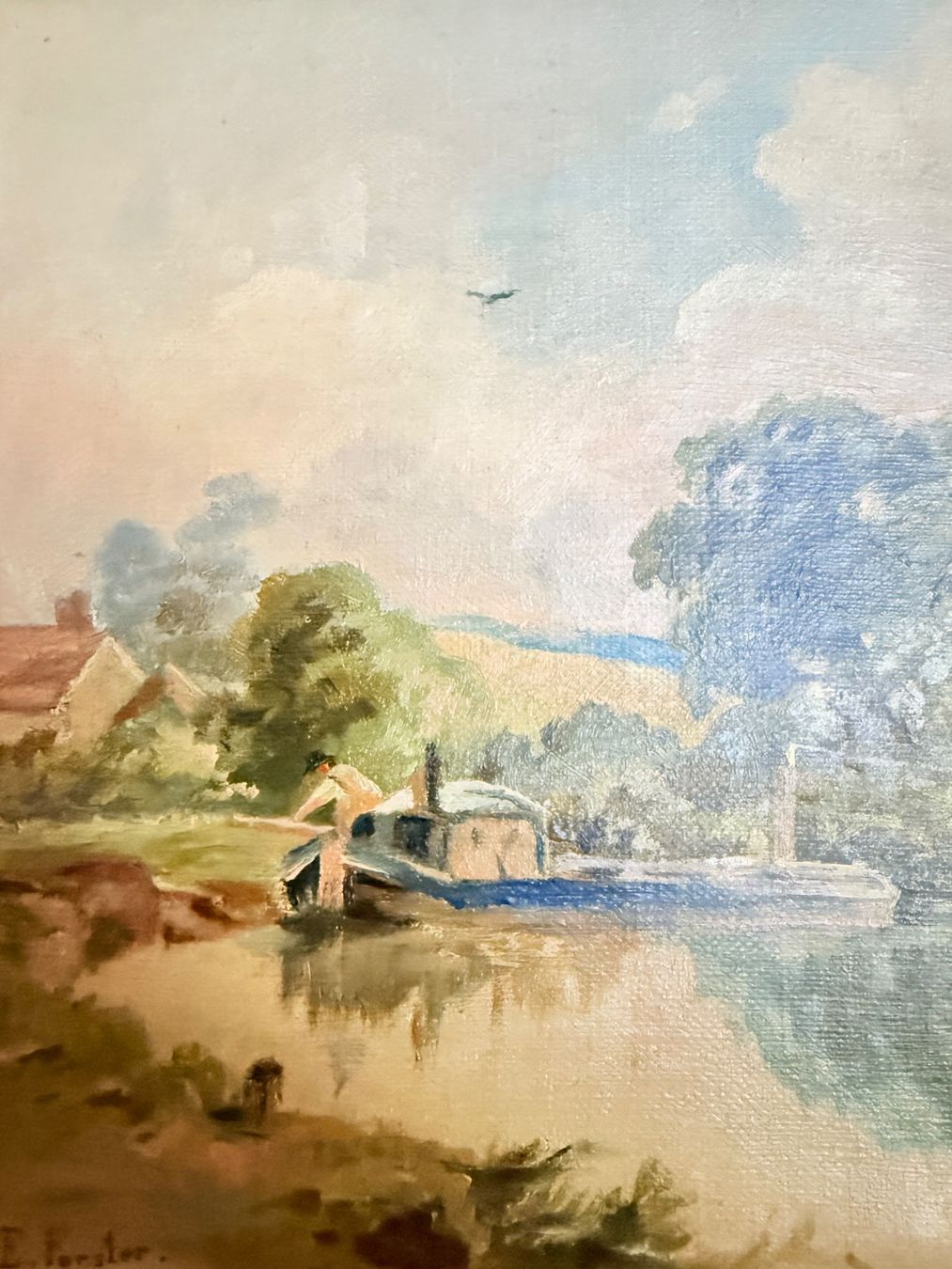Dipinti: Gemälde, Flusslandschaft mit Boot, signiert E. Forster. – Usato da Aesch ZH venduto da Tomy007008 2