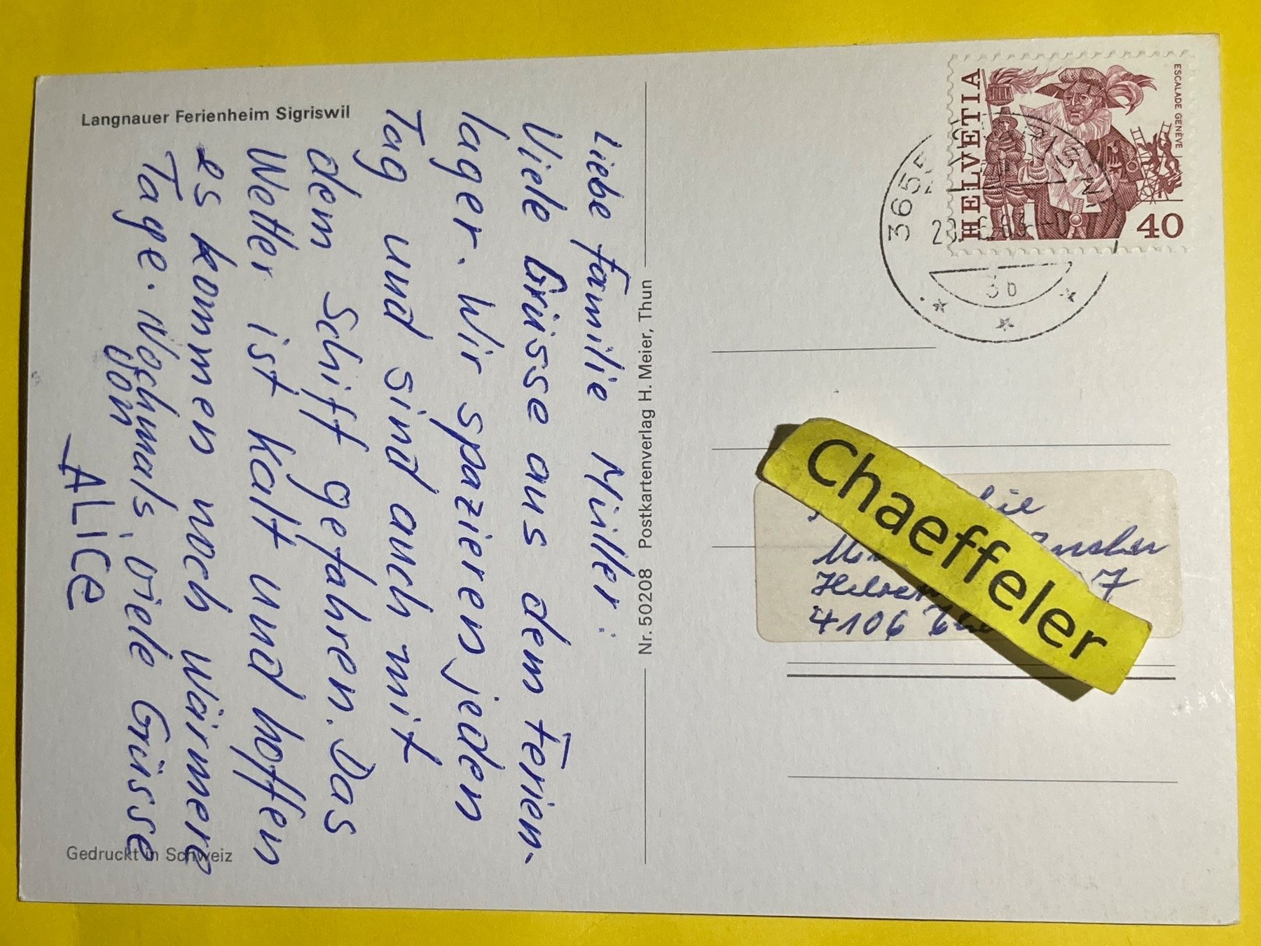 Cartoline postali: Langnauer Ferienheim Sigriswil – Usato da Zürich venduto da Chaeffeler 1