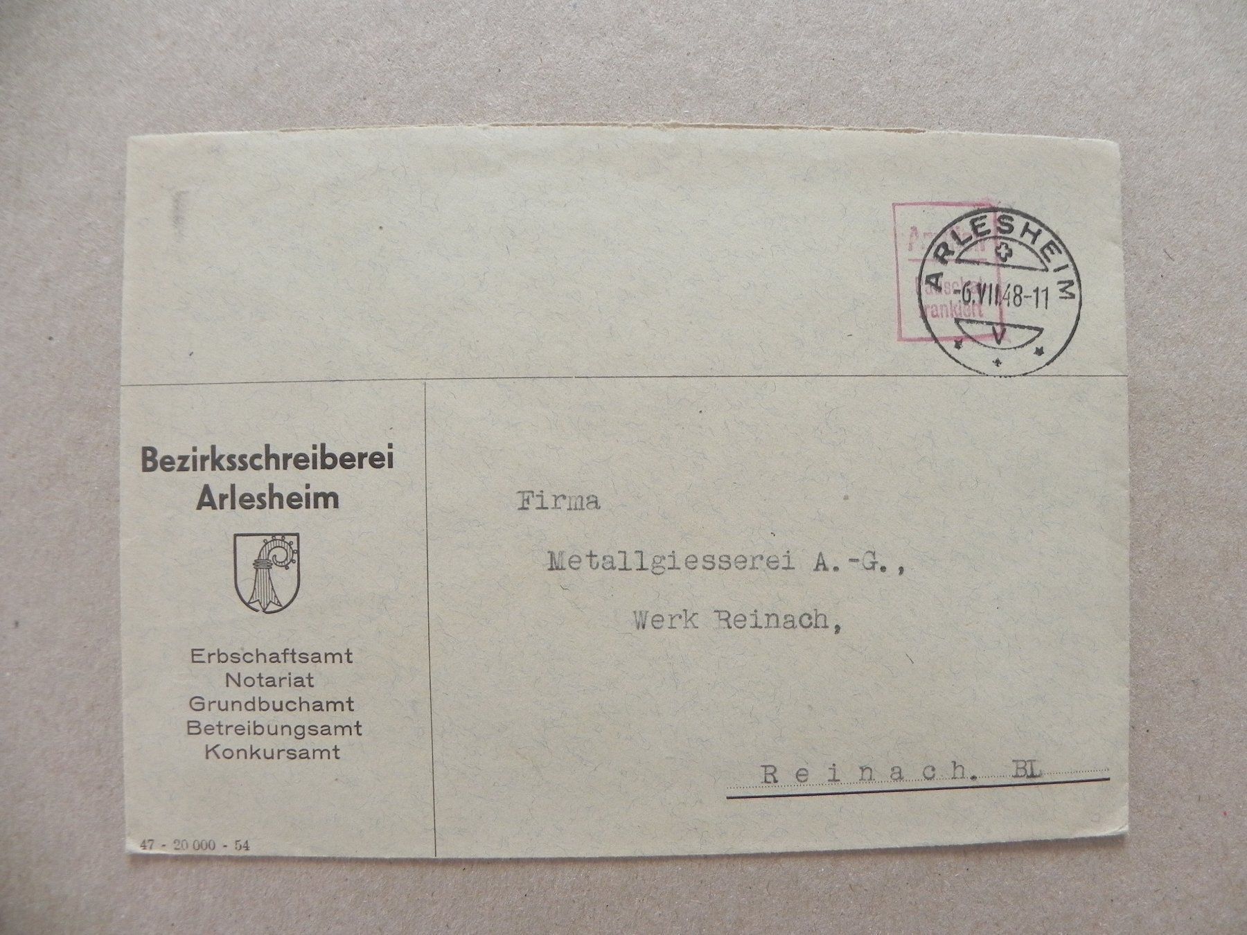 Stempel: Brief Post Stempel Arlesheim Baselland BL 1948 Bezirk – Gebraucht aus Siebnen von krimsie