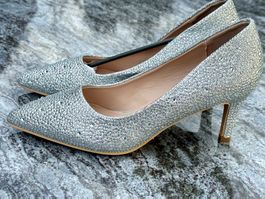 Glitzer Pumps Brautschuhe Hochzeit Gr. 37 Silbern Neu