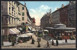 AK Geneve, Place du Molard, Strassenbahn