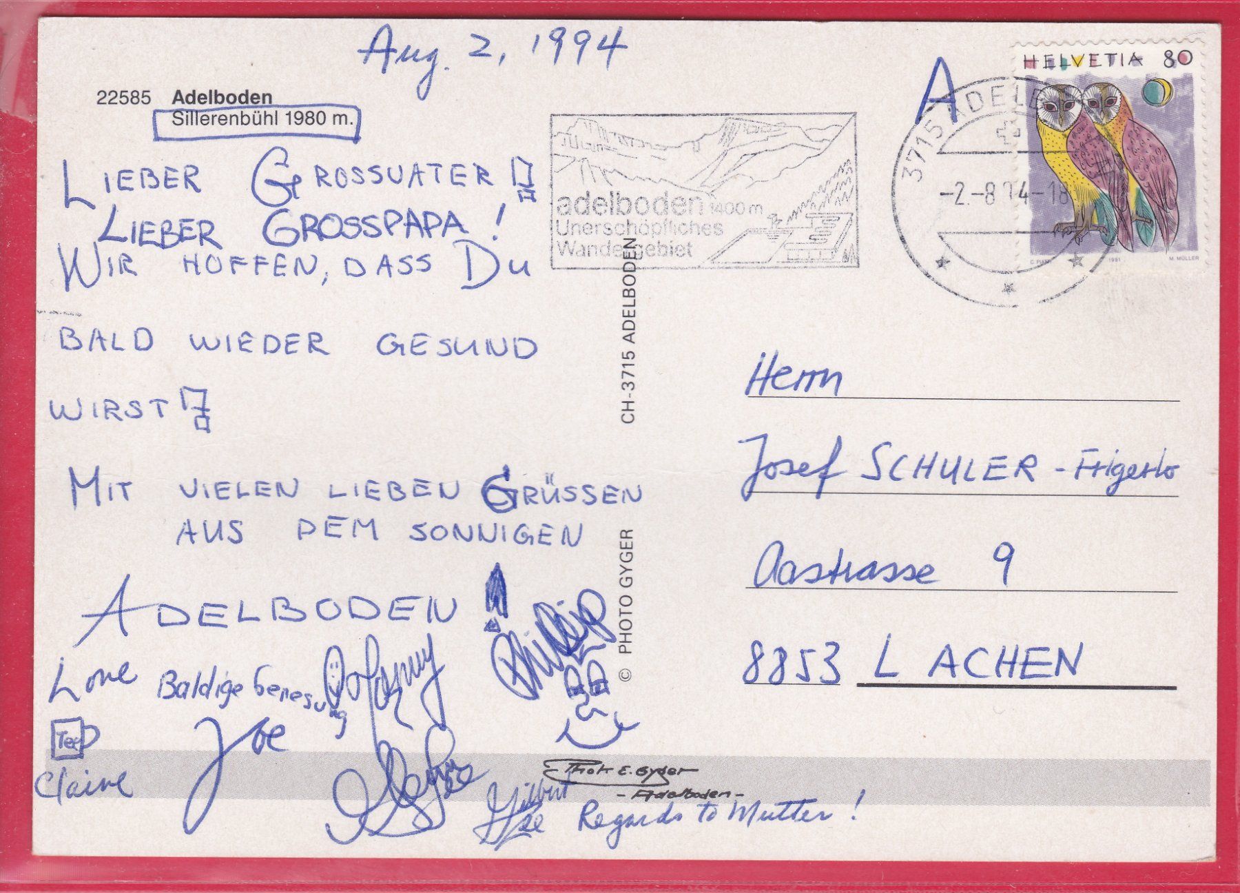 Cartoline postali: ADELBODEN, SILLERENBÜHL, 2.8.1994 – Usato da Oberrieden venduto da Gebirgsstelze 1