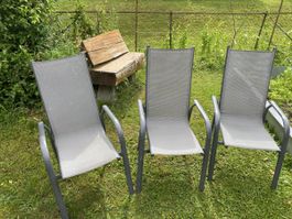 3 Gartenstühle, Aluminium-Rahmen, grau, Kunstoffgewebe