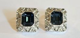 Clips Vintage metal argenté pierre bleu marine et strass ✨️