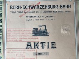 Historische Bahnaktie SCHWARZENBURG BERN 1907