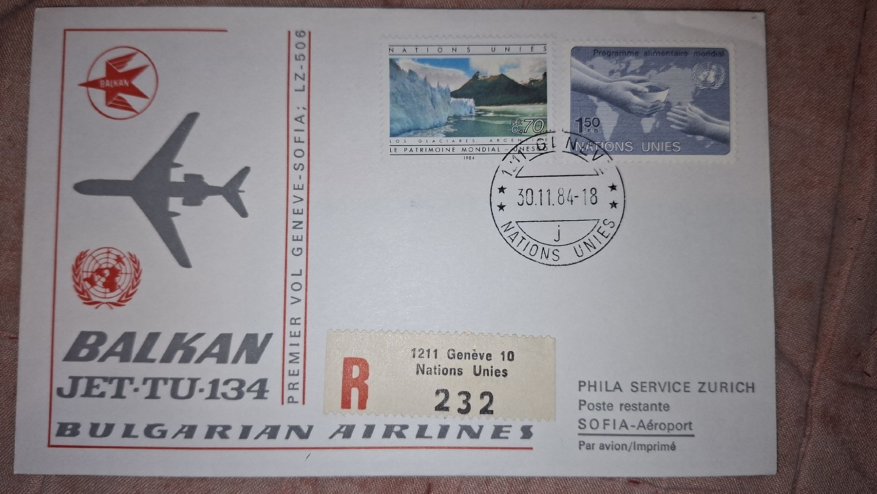 Tutti i francobolli: Swissair Geneve - Sofia 30.11.1984 – Usato da Balgach venduto da SIMEON27