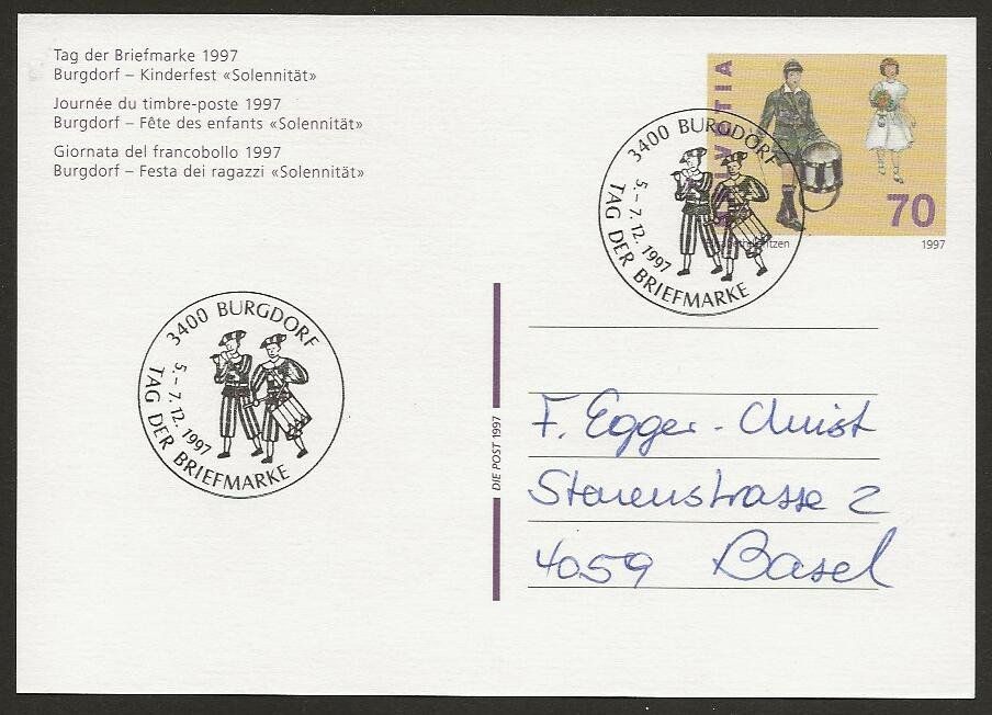 Alle Briefmarken: 1997 Brief Tag der Briefmarke  BURGDORF – Gebraucht aus Arlesheim von kuhnphila
