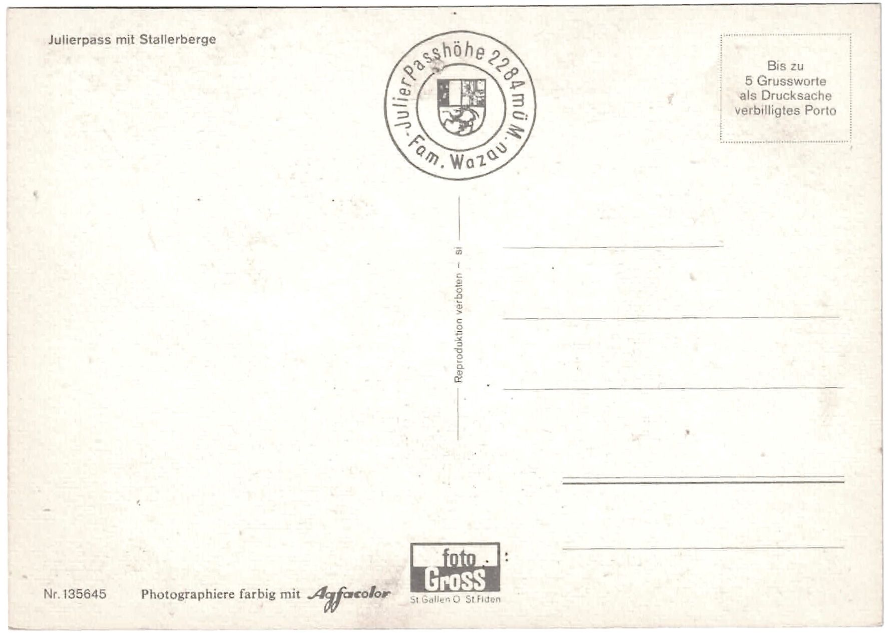 Cartoline postali: JULIERPASS 2284 m ü.M. ca. 1960 (GR) – Usato da Oberdorf BL venduto da Hopfehuepfer 2