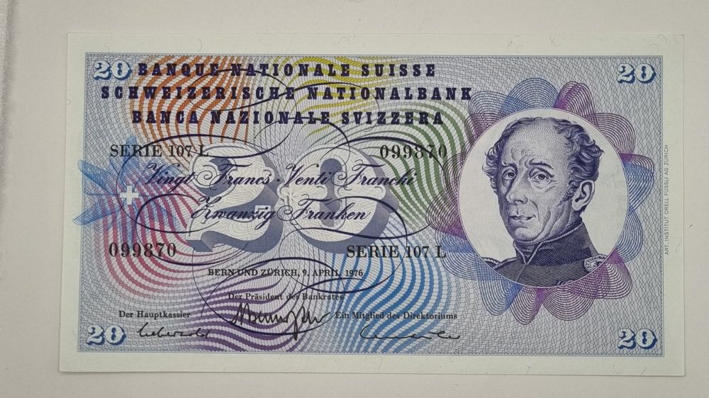 Note 20 FR 1976 ungefaltet (Neu und originalverpackt) in Bure für CHF ...