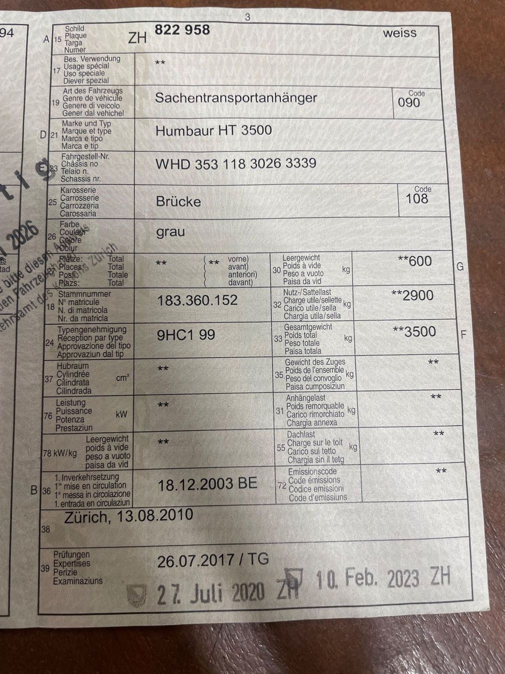 Humbaur Remorques: Anhänger Humbauer HT3500 – D'occasion à Volketswil par restposten911 1