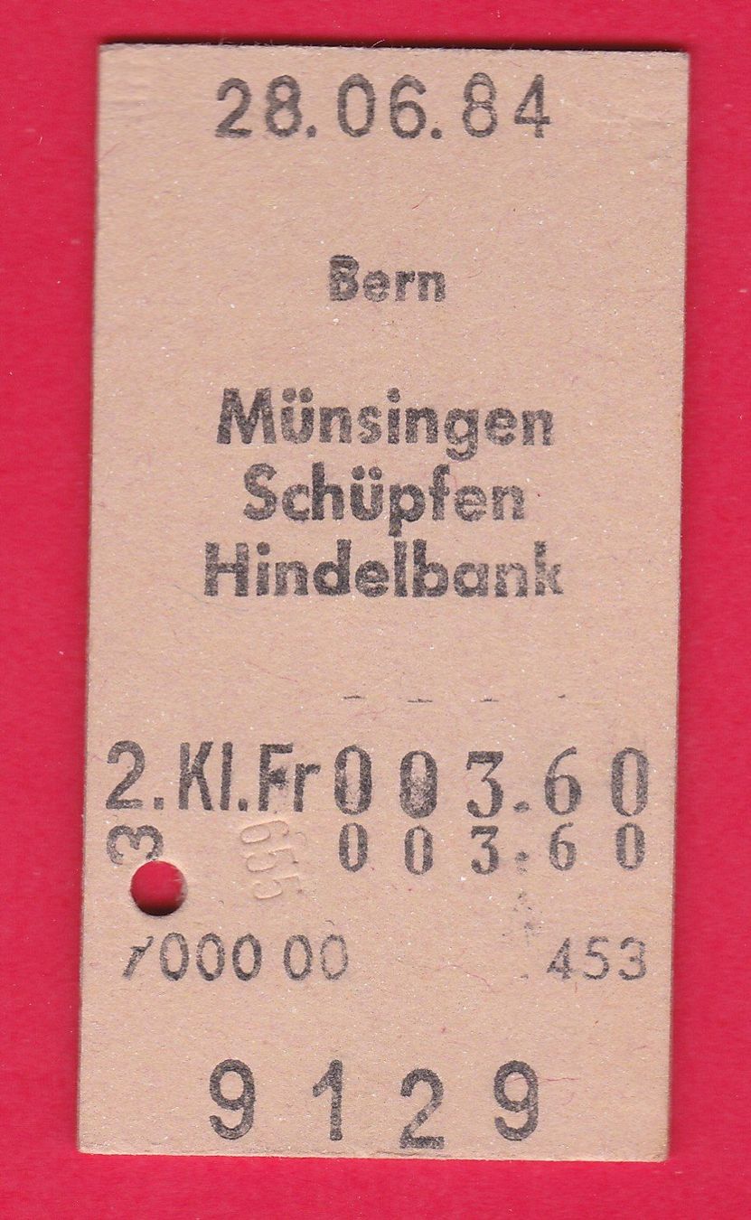 Tickets: KARTON BILLETT, BERN - HINDELBANK, 2.KLASSE, EINFACH, 1984 – Gebraucht aus Oberrieden von Gebirgsstelze