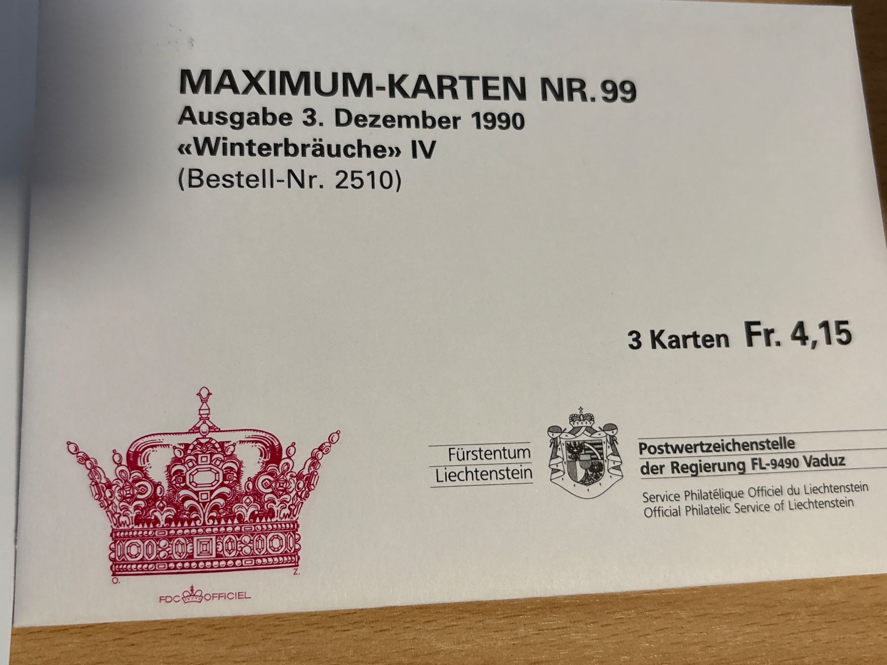 Tutti i francobolli: Liechtenstein Maximum Karten, Winterbräuche IV, 1990 48 – Usato da Ibach venduto da lisch3 1