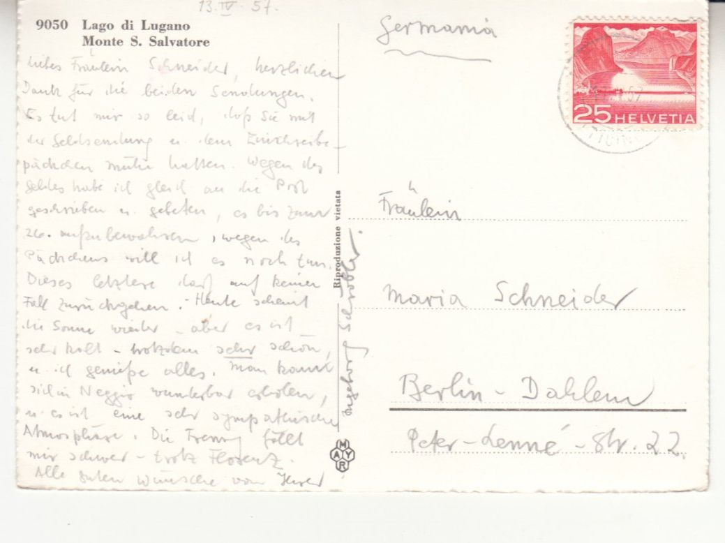 Cartoline postali: Lago di Lugano 1957 – Usato da Bürglen TG venduto da StampGraf 1