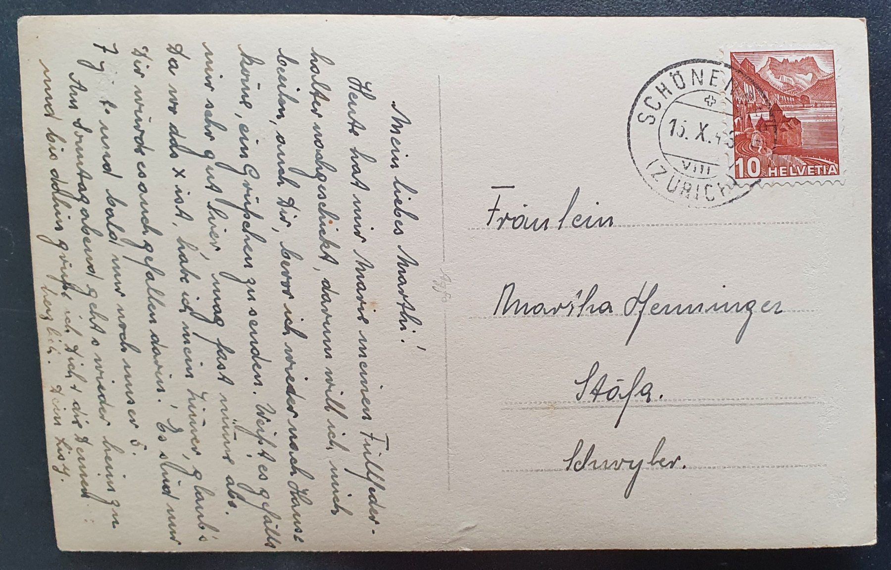 Cartoline postali: Schönenberg ZH 1943 - Wohnhaus Abendsonne – Usato da Kreuzlingen venduto da Rschweiz1 1