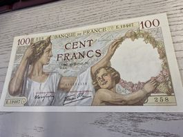 Banknote 100 Francs Banque de France 1941 Frankreich