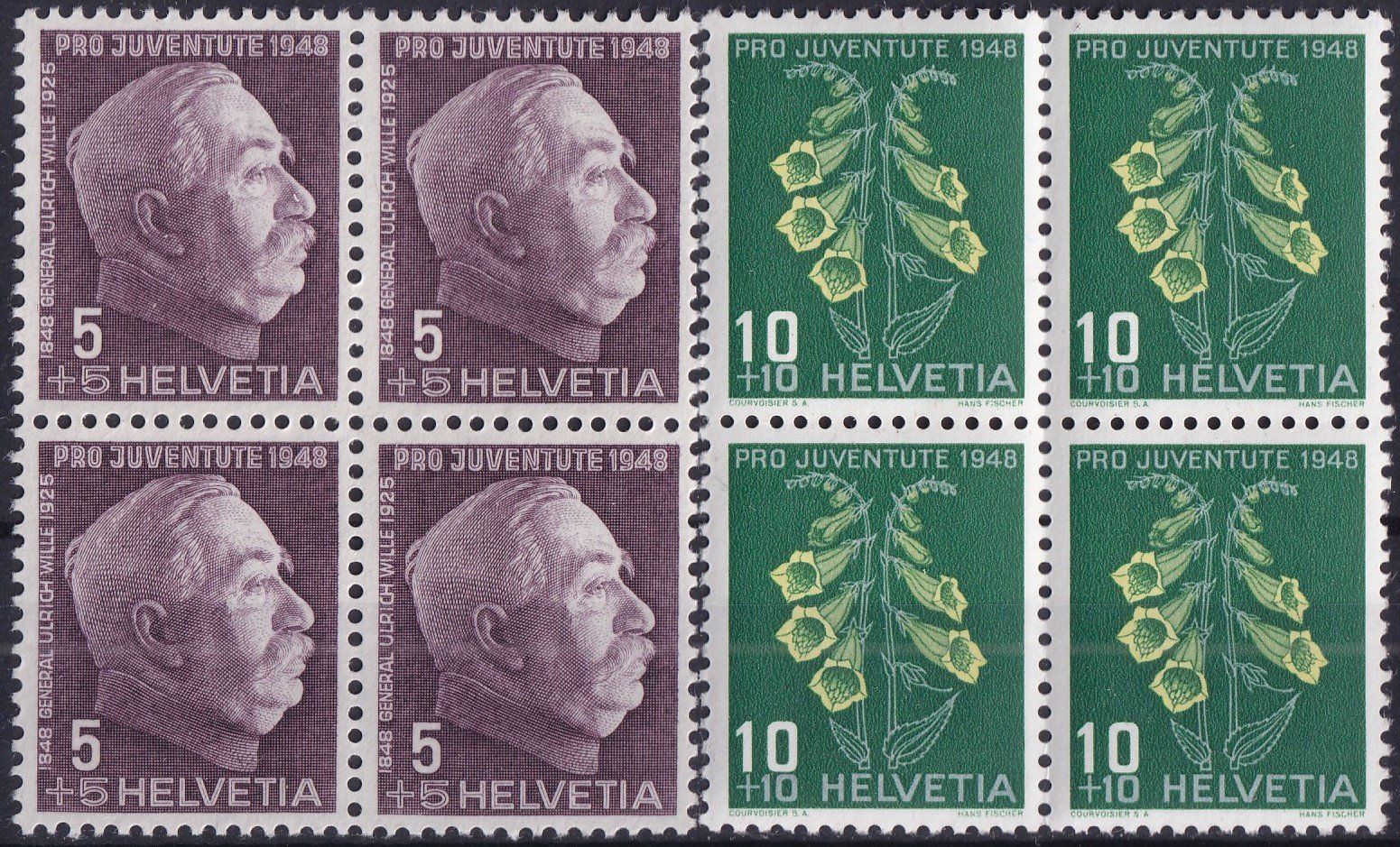 Tutti i francobolli: 1948, J125-J128 im Viererblock ** postfrisch, Kat: 28.-+ – Usato da Sursee venduto da Luzernerraute 1