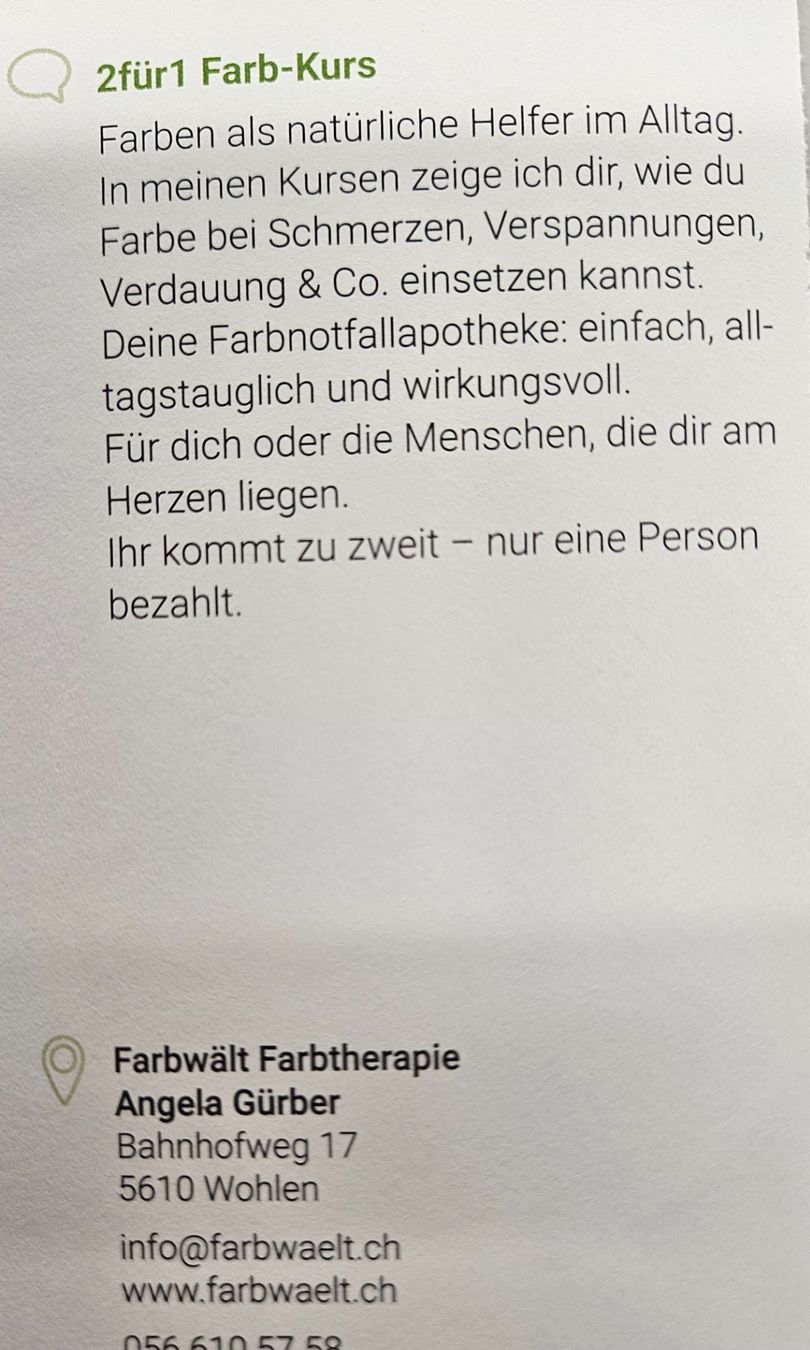 Buoni: Farb- Kurs Farbtheraphie Wohlen – Nuovo e nell'imballaggio originale da Uezwil venduto da Jasmin_ 1