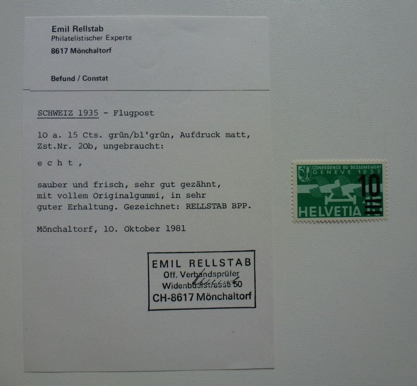 Tutti i francobolli: Flugpost 1935 - Zst.Nr.20b mit Befund Emil Rellstab – Usato da Walkringen venduto da Casablanca777 2