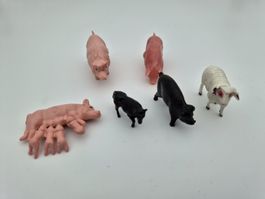 6x Vintage Bauernhof Tiere Figuren Set Schweine Kuh 