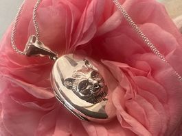 Medaillon oval Amulett Katze 925 Silber Rubine - für Foto's