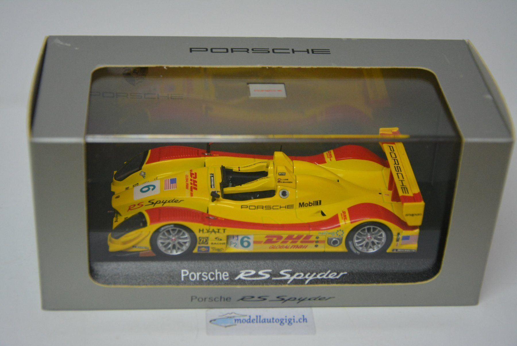 Porsche Modellini d'auto: Porsche RS Spyder #6 2008 "DHL" , 1:43 – Nuovo e nell'imballaggio originale da Goldach venduto da Feivel9