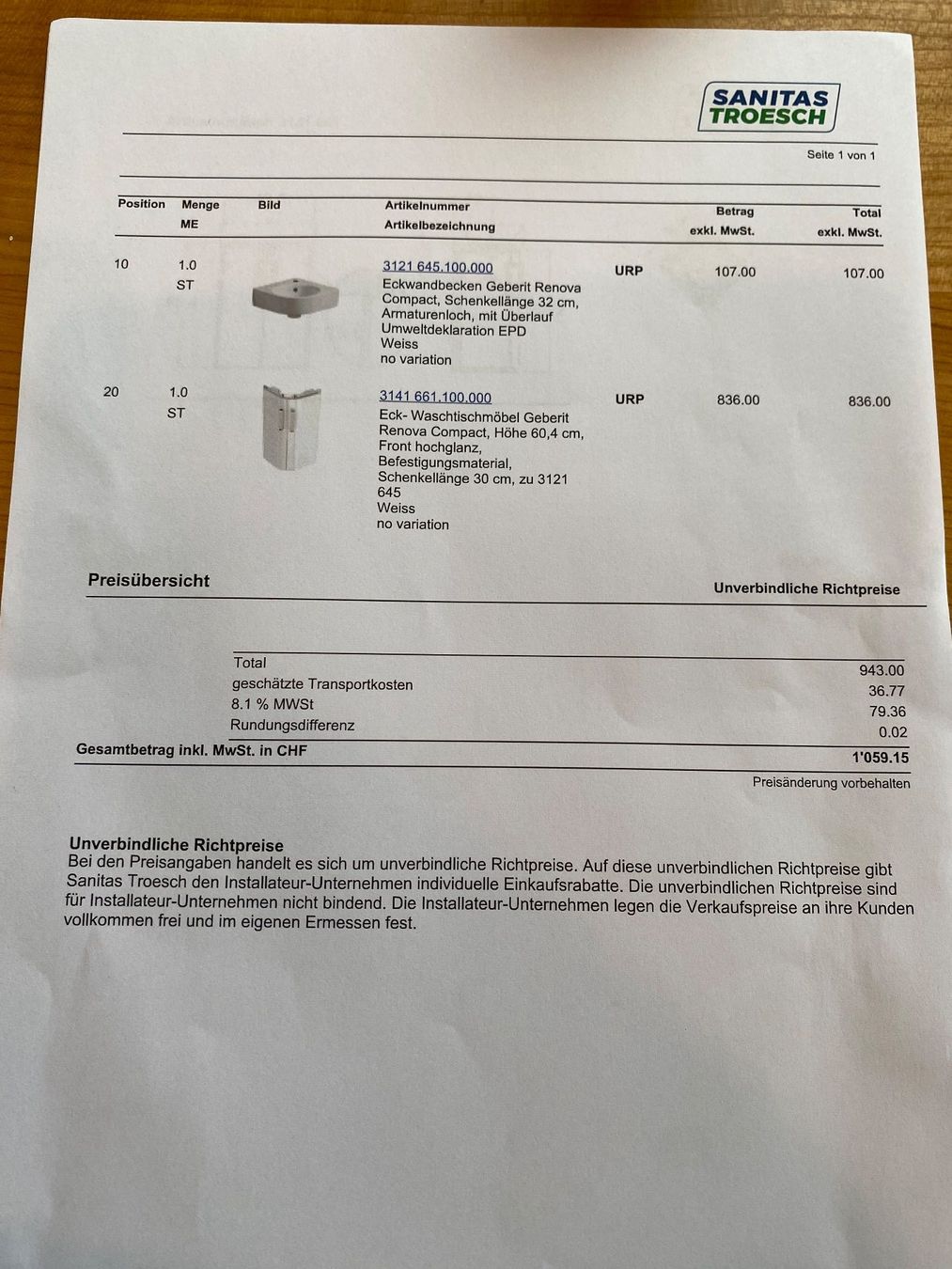 Geberit Spülbecken & Waschbecken: Eckwandbecken Geberit Renova mit  Eck-Waschtischmöbel – Gebraucht aus Hundwil von Miflo01 6