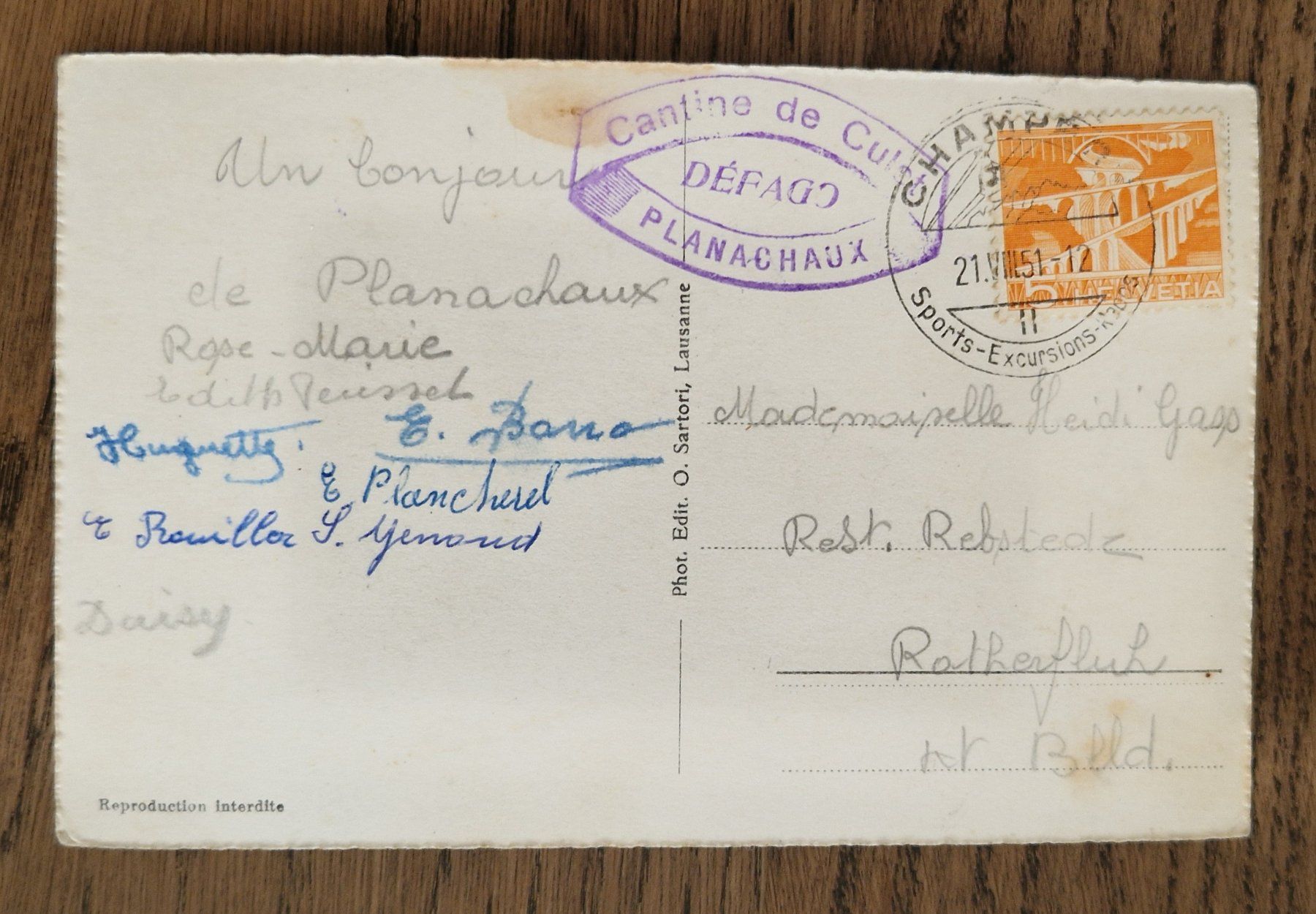 Cartoline postali: Planachaux, Le Ruan1951, timbre cantine, Defago – Usato da Ebikon venduto da Donar50 3