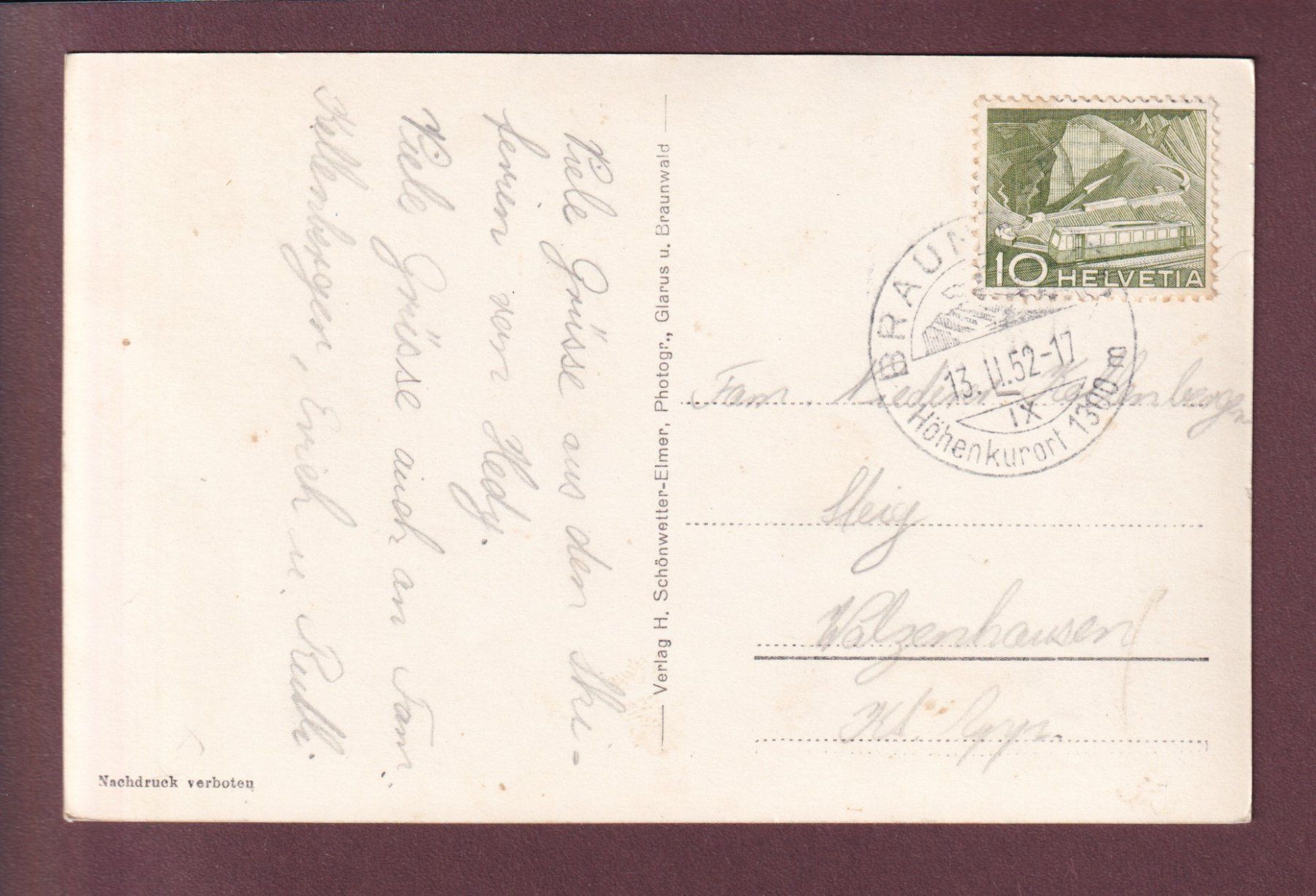 Cartoline postali: BRAUNWALD - Bahn - Tödikette - 1952 – Usato da Pully venduto da nicecards 1