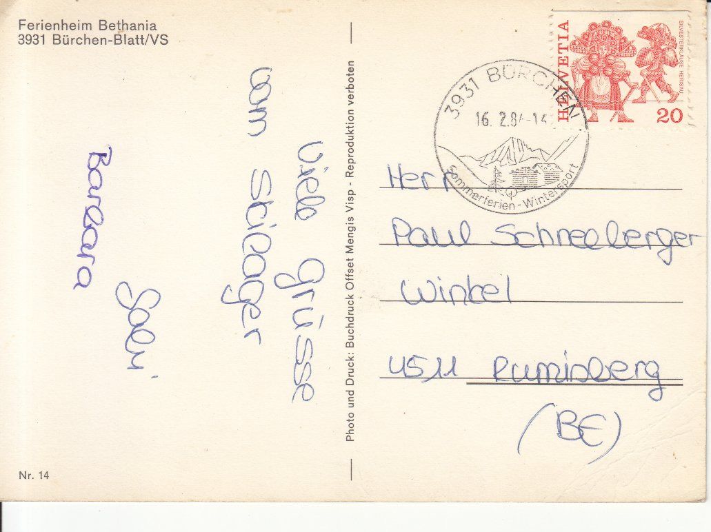 Cartoline postali: Bürchen Bethania 1984 – Usato da Bürglen TG venduto da StampGraf 1
