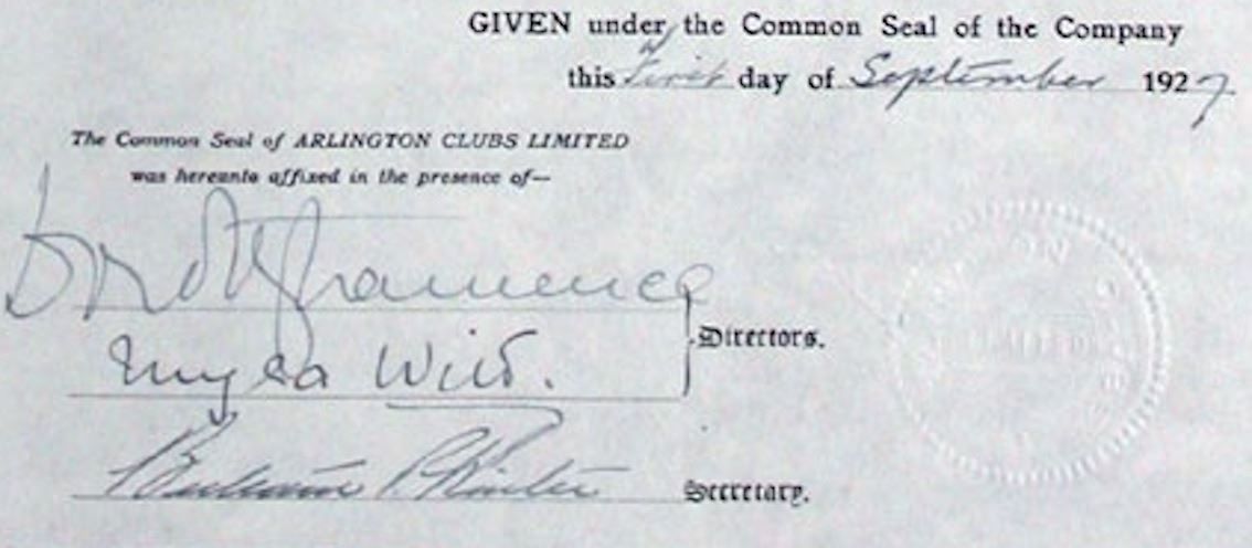 Documenti: 6% Arlington Clubs Ltd. - 1927 – Usato da Solothurn venduto da Sgasche 1