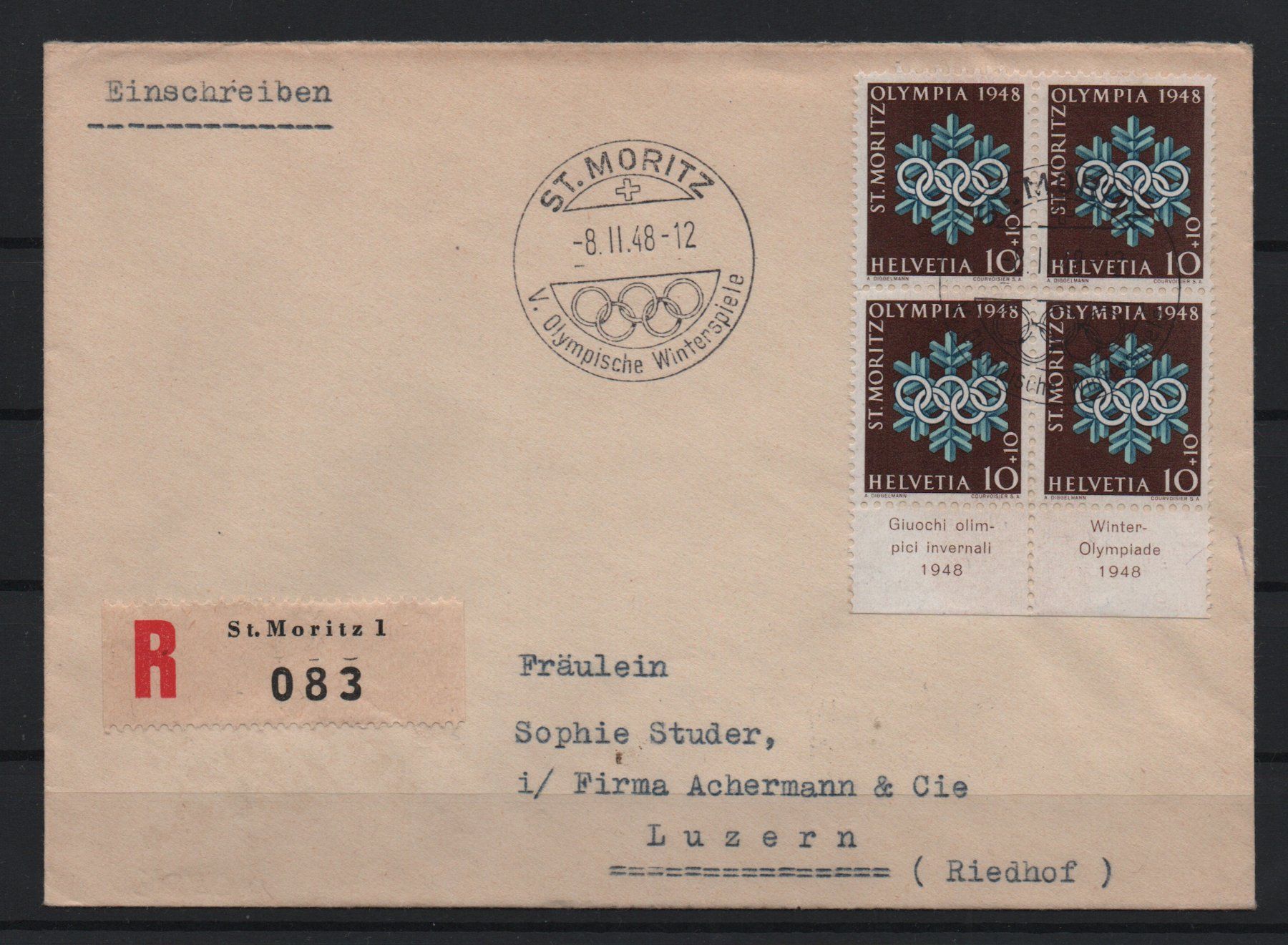 Alle Briefmarken: Olympia 1948 St. Moritz Viererblock Beleg – Gebraucht aus Ebikon von bowito