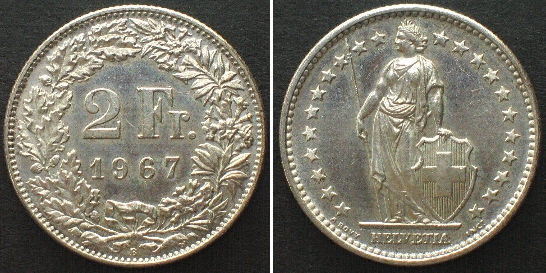 Tutti le monete: Schweiz EIDGENOSSENSCHAFT 2 Franken 1967 Silber ERSTABSCHLAG – Usato da Riehen venduto da sesambestcoins2004
