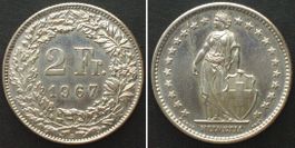 Schweiz EIDGENOSSENSCHAFT 2 Franken 1967 Silber ERSTABSCHLAG