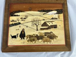 Naives Gemälde, Winterlandschaft mit Tieren & Rahmen