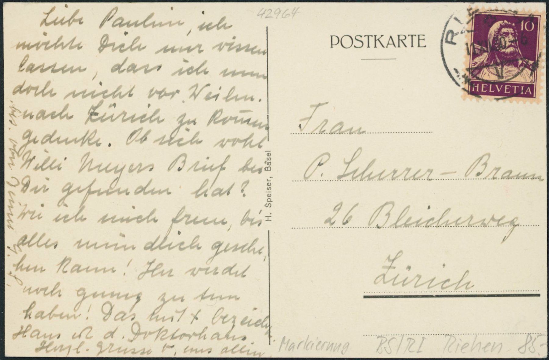 Cartoline postali: BS Riehen – Usato da Schindellegi venduto da dolpitz 1