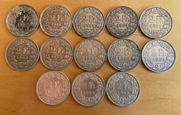 13 x 2 Franken Silber / 13 pièces de 2 francs Suisses Argent