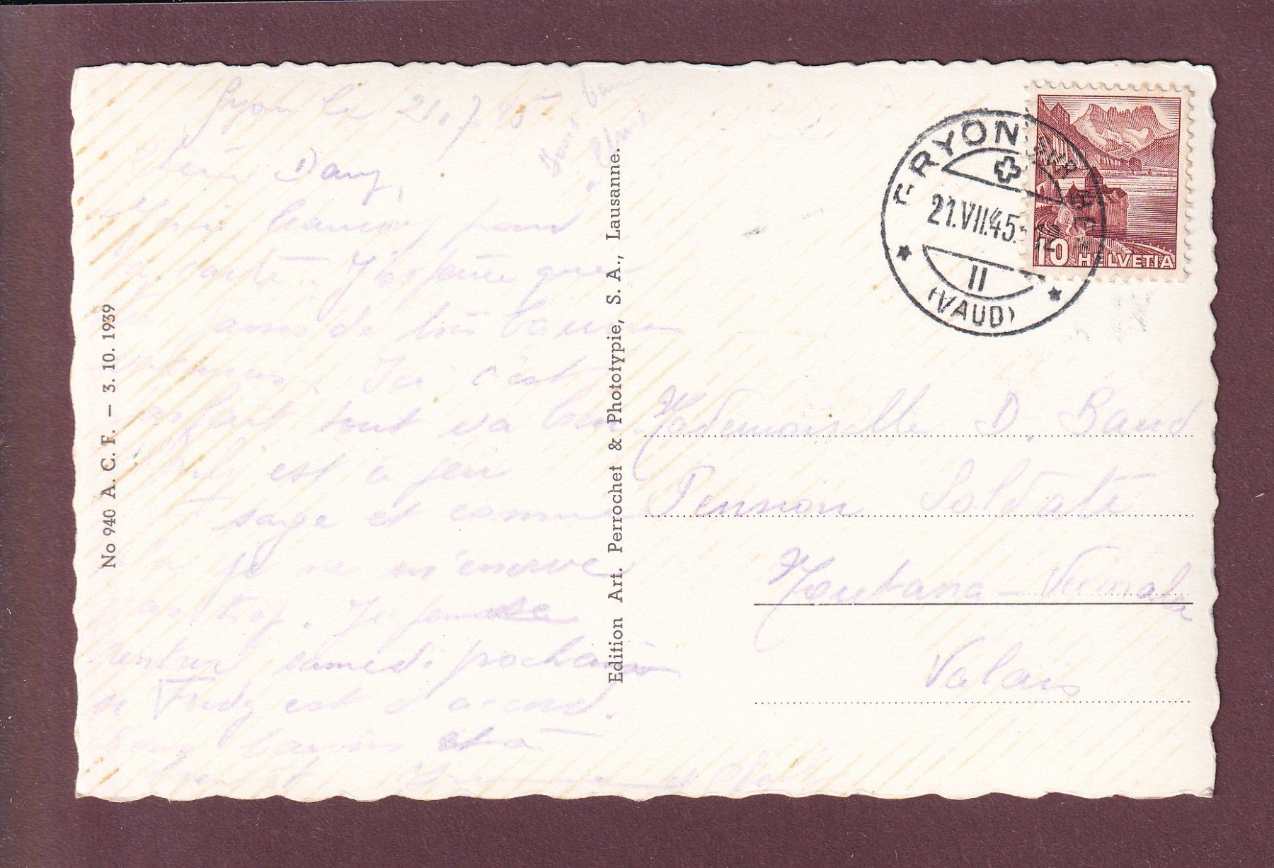 Cartoline postali: GRYON - Vue partielle - 1945 – Usato da Pully venduto da nicecards 1