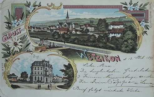 Cartoline postali: 1898, LITHO Gruss aus WETZIKON Post – Usato da Jona venduto da philajona