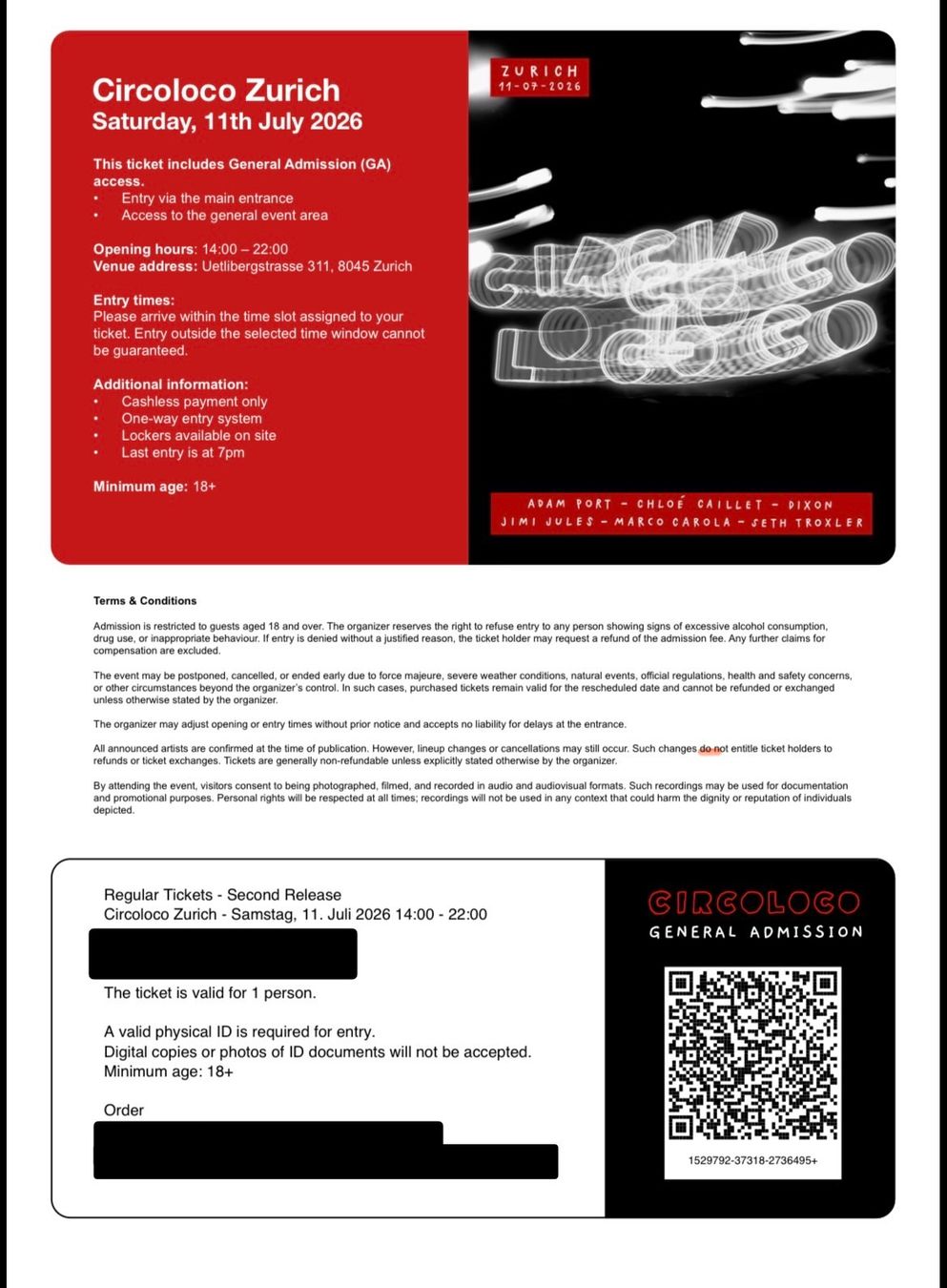 Tickets: 2x Circoloco Zurich Ticket - Regular Tickets Sa, 11.7.26 – Neu und originalverpackt aus Uster von amm_pyc8