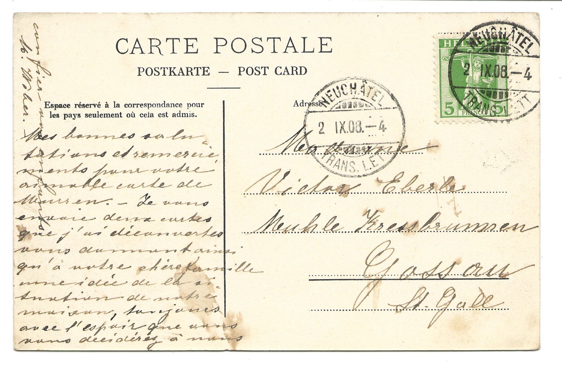 Cartoline postali: Neuchâtel - ville - Rue des Beaux-Arts - 1908 – Usato da Engelburg venduto da Cartophil 1