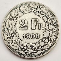 Seltene 2 Franken Schweiz 1908 B – Silber – Stehende Helveti