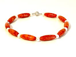 Rote Korallen & Perlen Halskette Sterling Silber
