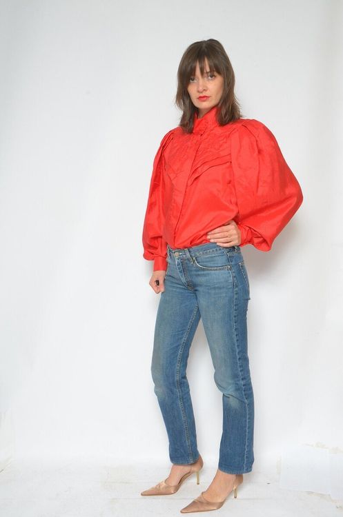 Blouse En Soie Vintage Rouge Taille 38 - Manches Bouffantes - Occasion Très Bon état - Style Rétro élégant