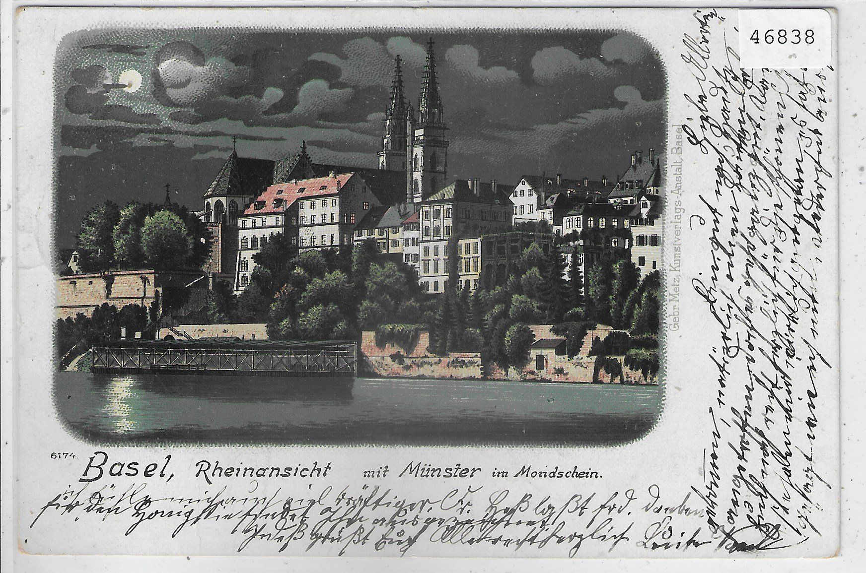Cartoline postali: Gruss aus Basel - Im Mondschein - Litho 1899 – Usato da Ettingen venduto da Kartenplanet