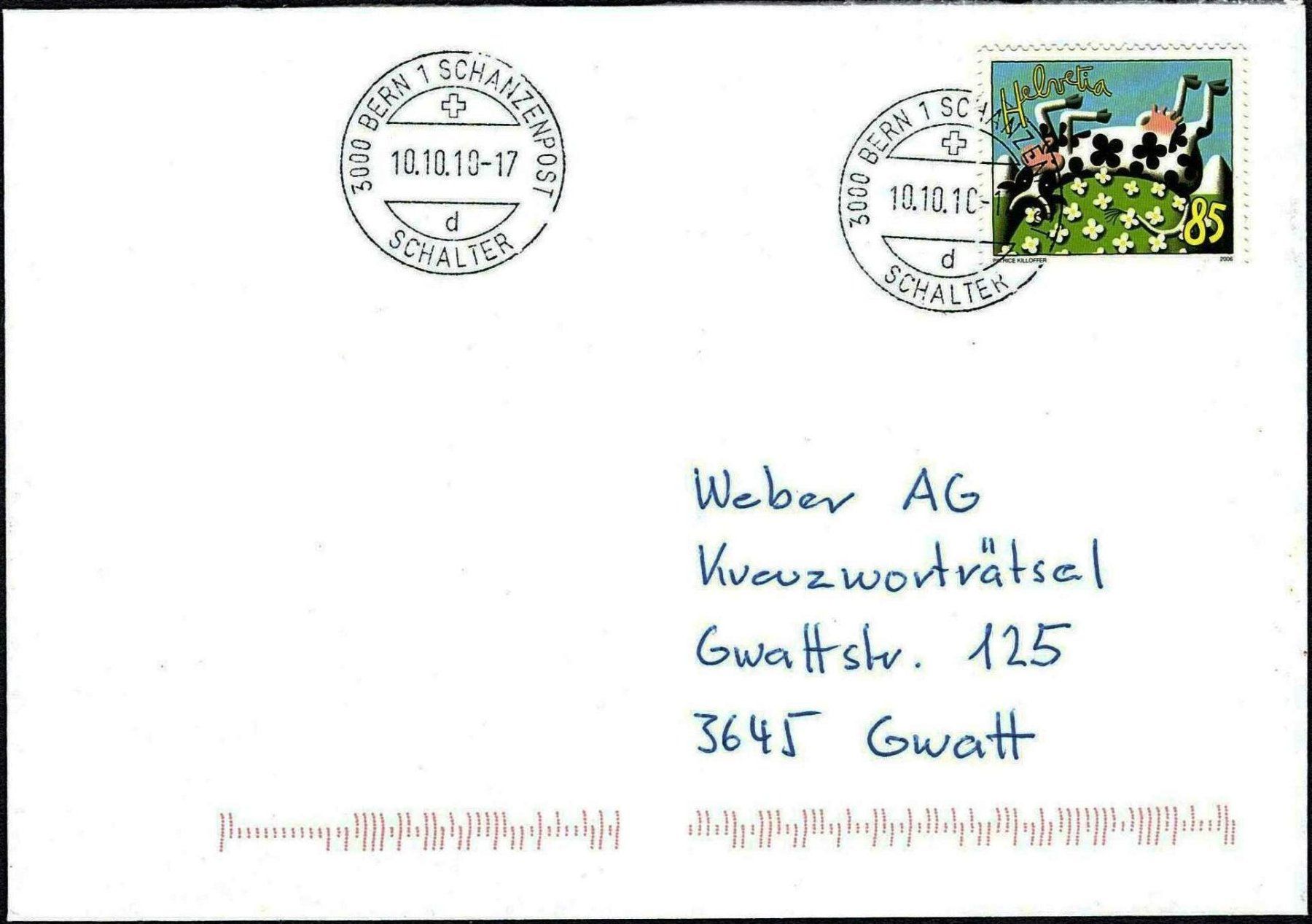 Tous les timbres: 2010_Gebrauchsbrief mit Datumstempel "10.10.10 -17" – D'occasion à Thun par Nissan